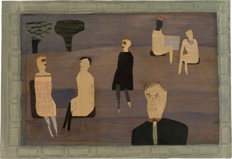 figures sitting and walking in a part setting.