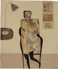 collaged figure sitting on chair next to a table with an anglepoise lamp on it.