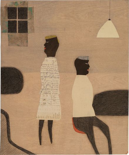 two figures back to back on sitting, one standing in a room.