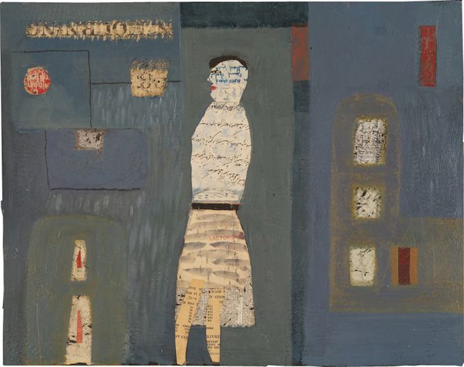 figure walking in urban landscape.