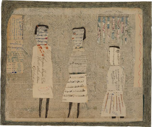 three collaged figures.