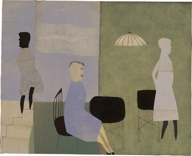 three figures in an interior.