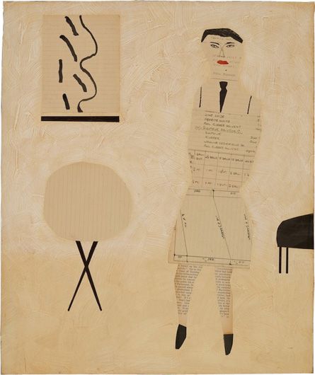 collaged figure with tie and red lips.
