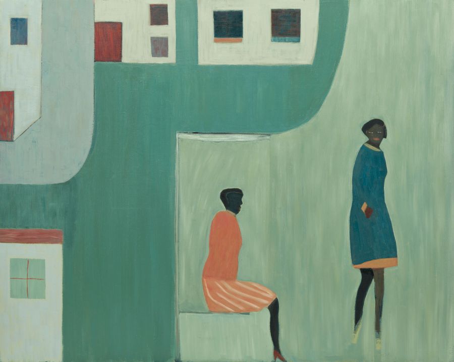 two figures one standing and the other sitting.