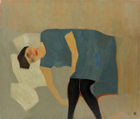 figure in blue dress lying on pillows with ochre background.