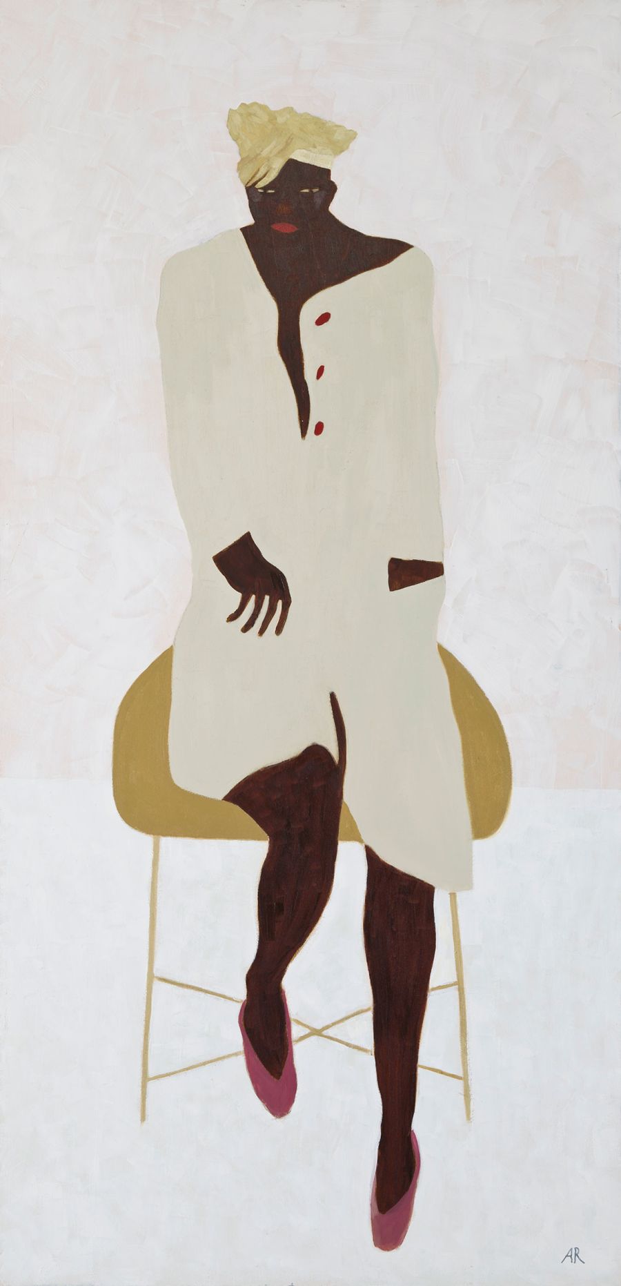 Person sitting on stool.