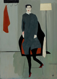 figure in interior with chair lamp and red cloth on a peg.