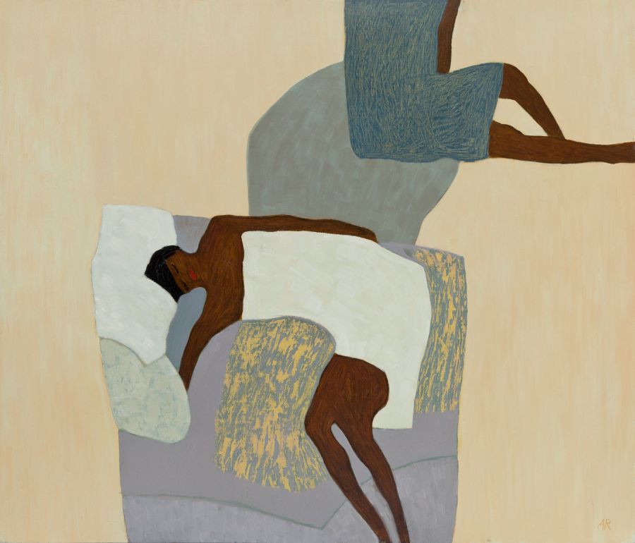 one person lying on pillow and another sitting.