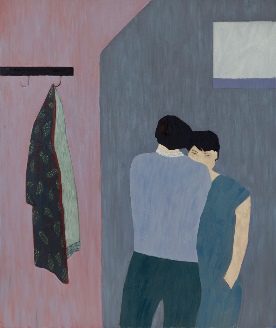 two figures with patterned coat hanging on peg in the background.