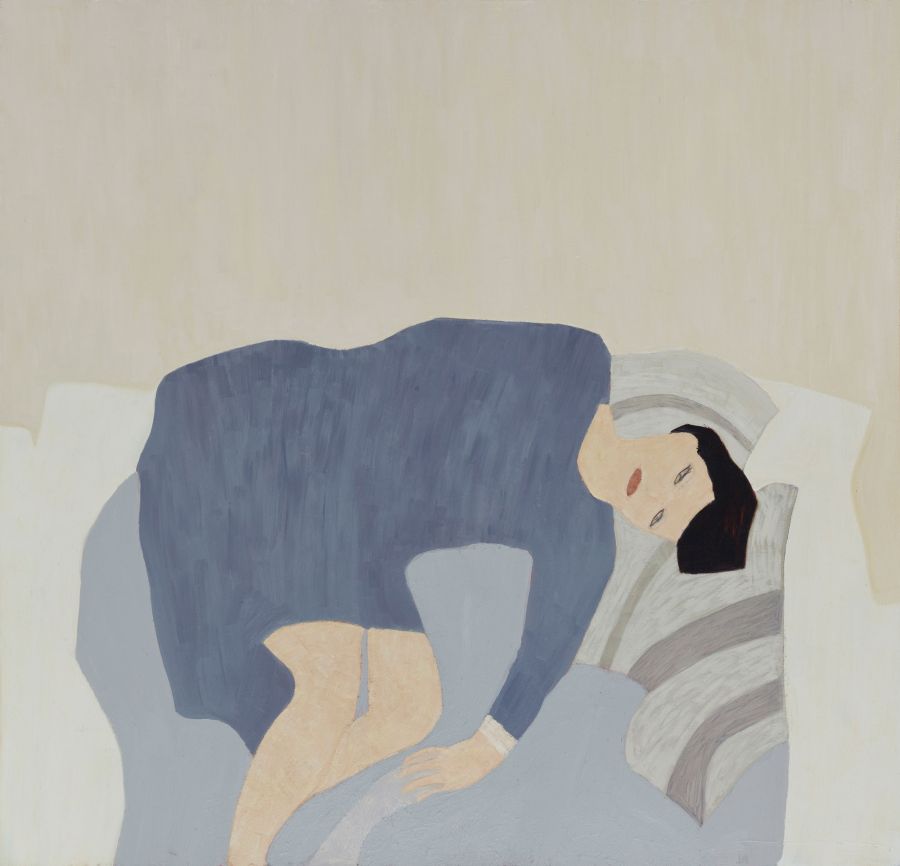 person in blue dress slumped on pillow.