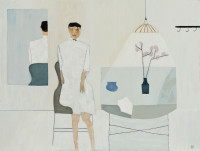 figure in white dress sitting at table in front of mirror.
