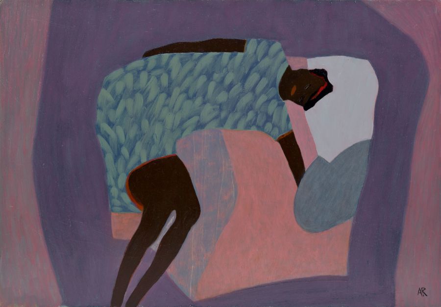 Figure on pink bed.