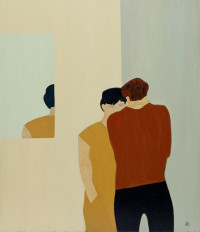 two figures in front of a mirror.
