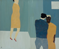 three figures - two talking and one in yellow dress walking towards them.
