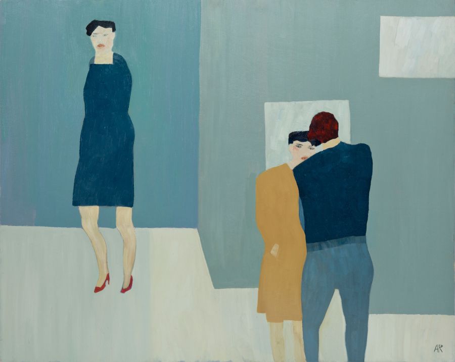 three figures, two next to each other and one in background.