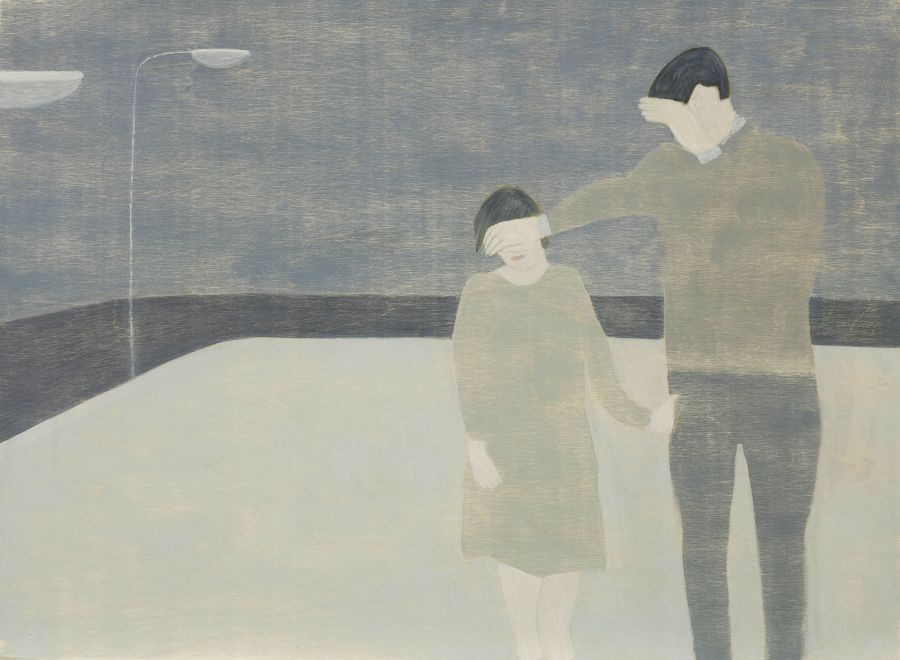 Adult and Child with shielded eyes.