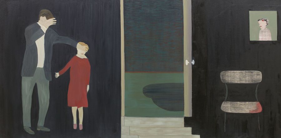 adult and child with eyes shielded in darkened room with open door.