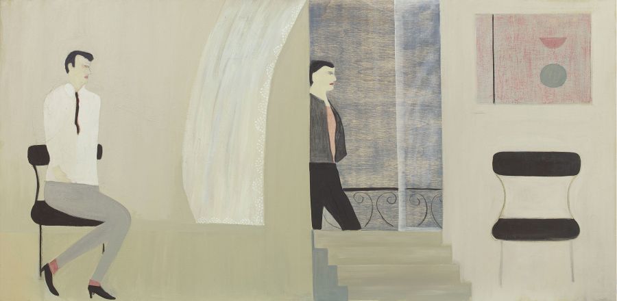 figure sitting in room with another passing.