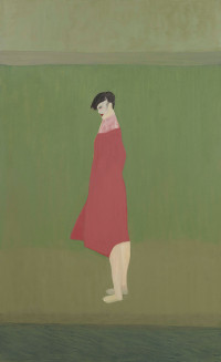 person in red coat against a green background.