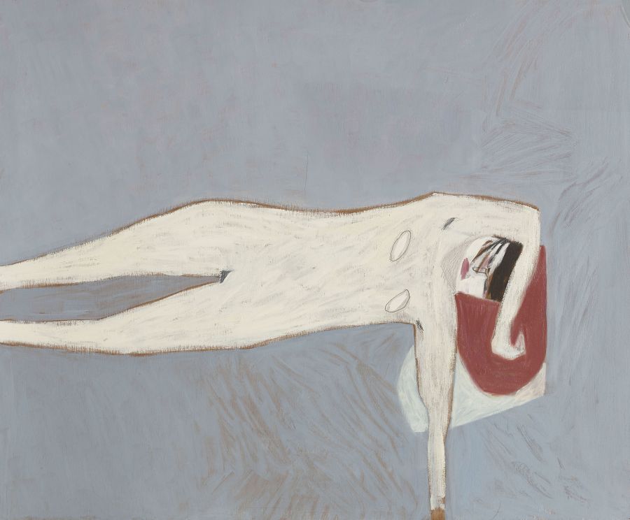 nude woman lying prone on red pillow.