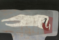 figure lying on red pillow with dark background.