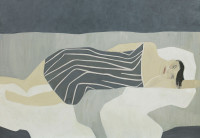 person in grey striped dress lying down.