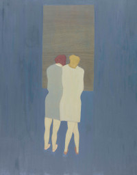 two figures standing together in blue room.