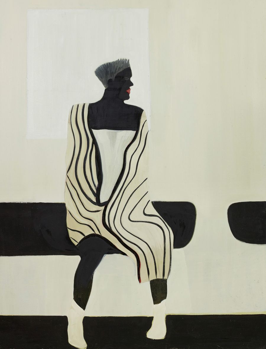 painting of woman seated in blanket.