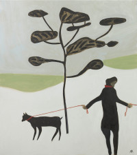figure with a dog on a lead by a tree.