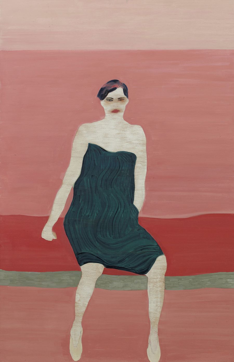 woman seated against a red background in a blue dress.