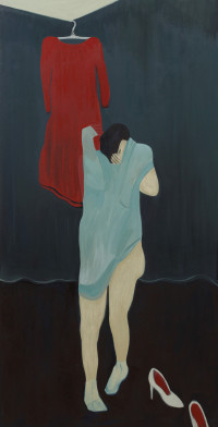figure taking off clothes with white shoes and a red dress hanging behind them.