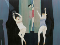 three dancers with drapes, watched by figure in the shadows.