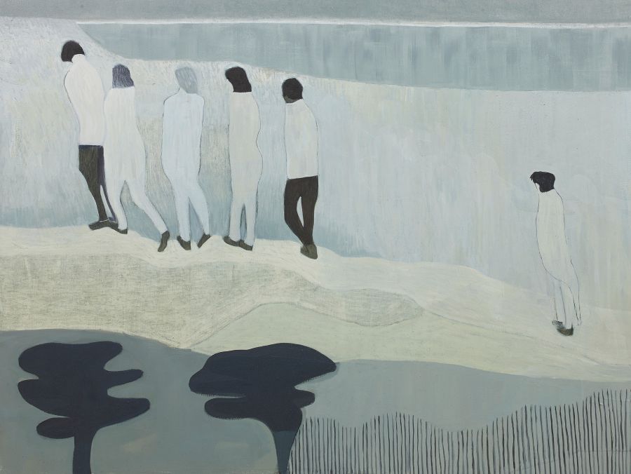 a line of people walking in a monchrome landscape.