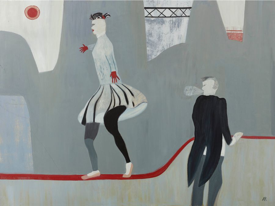 person in red gloves walking along a red rope watched by figure in tail coat.