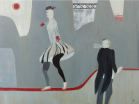 person in red gloves walking along a red rope watched by figure in tail coat.