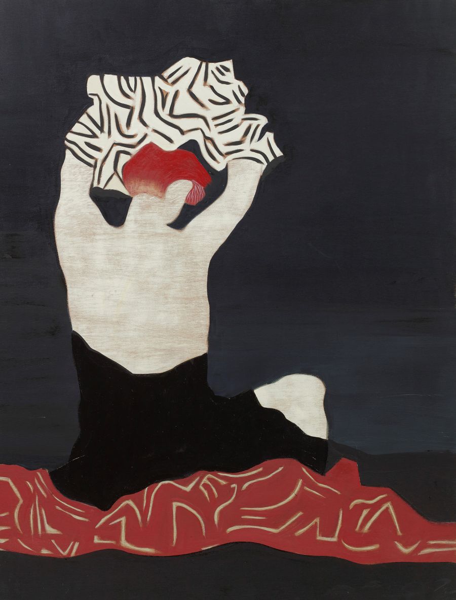 red headed figure against a black background in black dress.