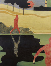 a red figure reflected in dark pool in a landscape.