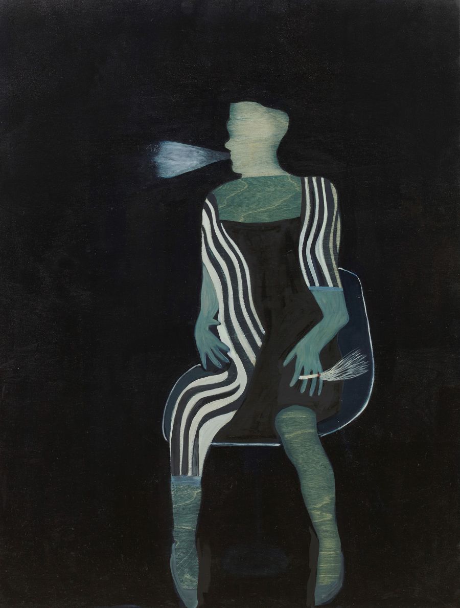 a person smoking against a dark background.