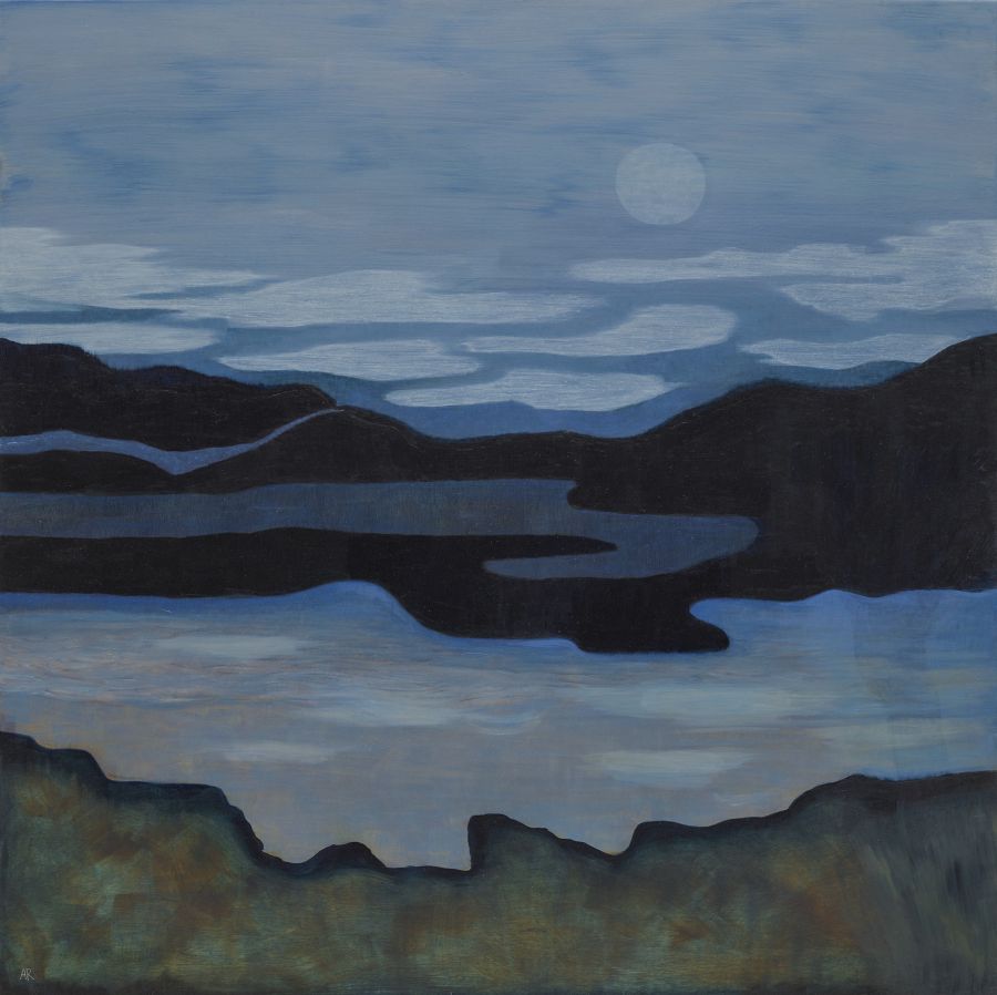 painting in deep blue of a mountainous landscape with water.
