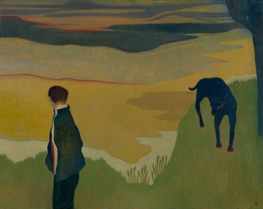 painting of landscape with figure turned towards an animal.