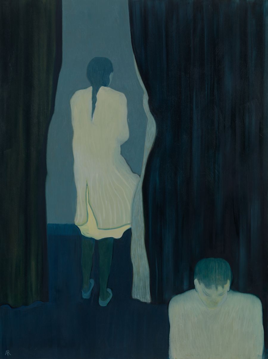 painting of two figures in deep blue, one standing between open curtains.