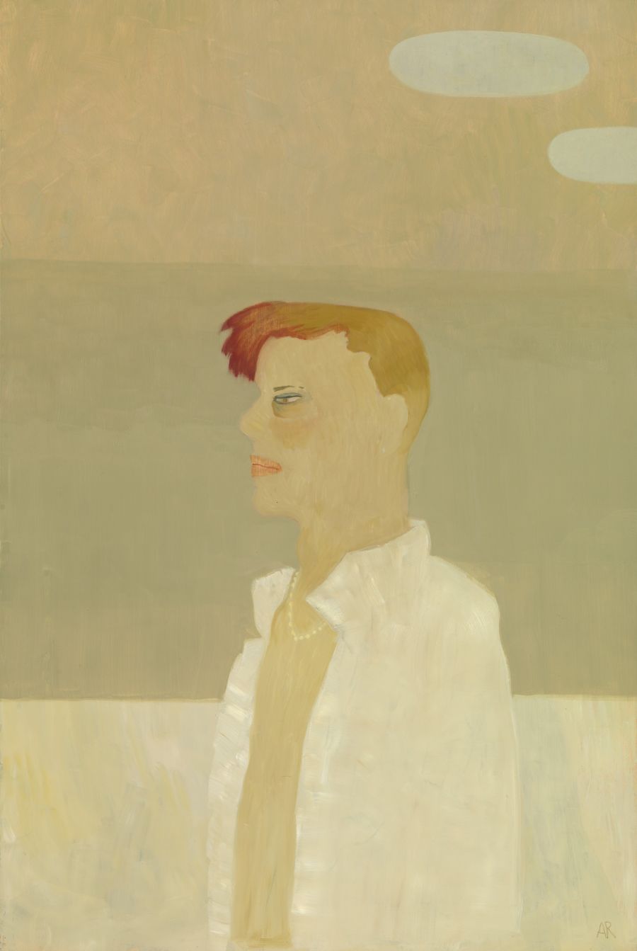 painting of person in profile with open shirt and pearl necklace.