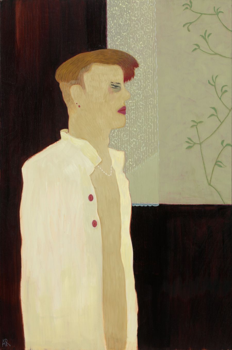 painting of person in profile with unbuttoned shirt while standing next to a window.