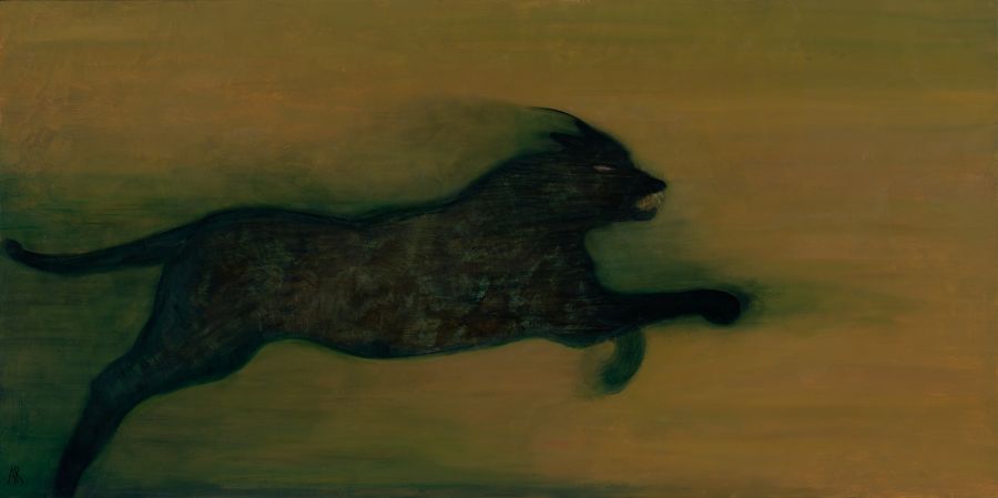 painting of a dog with teeth snarling while they leap.