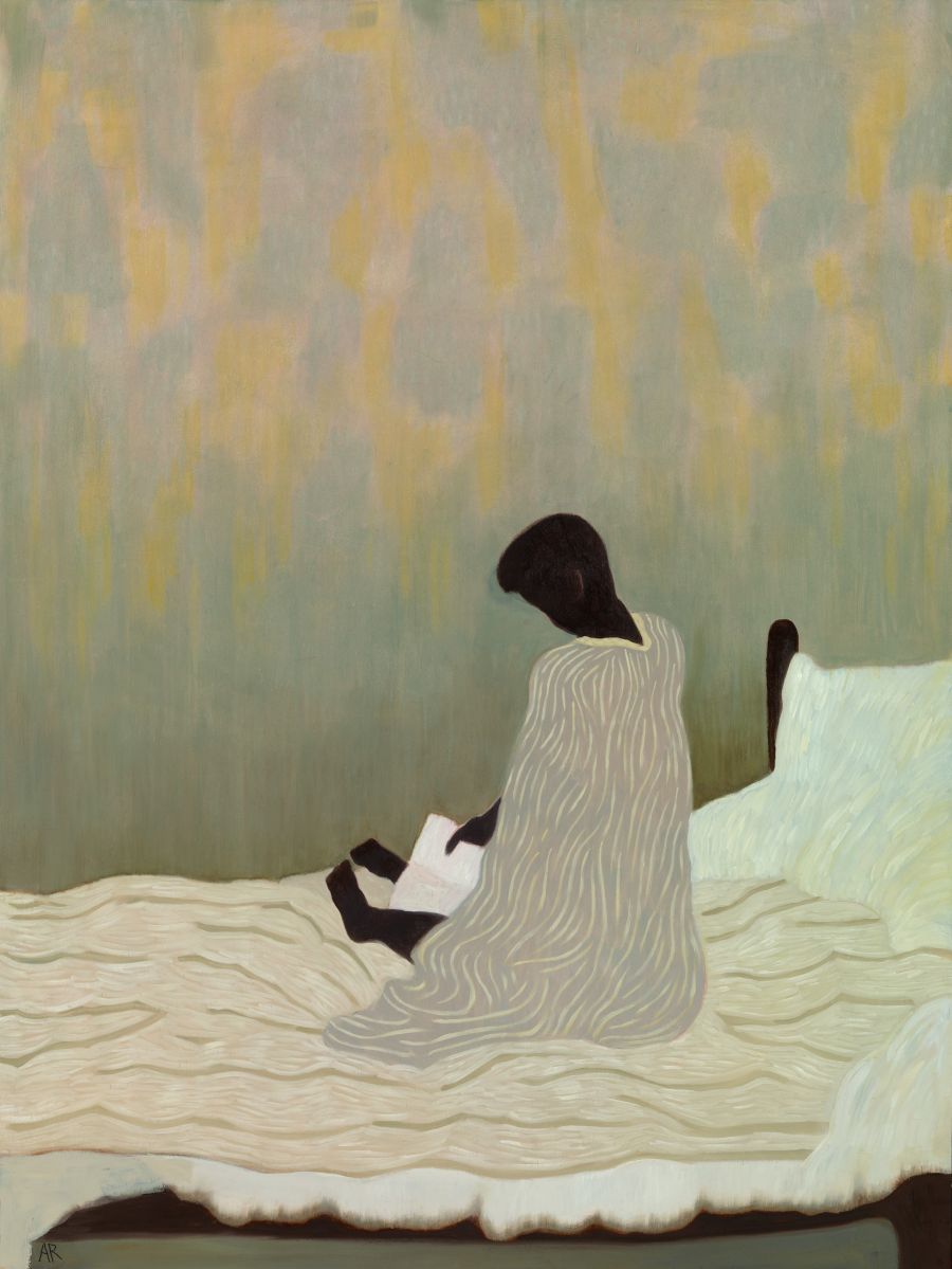 painting of person sitting on a bed reading a book.