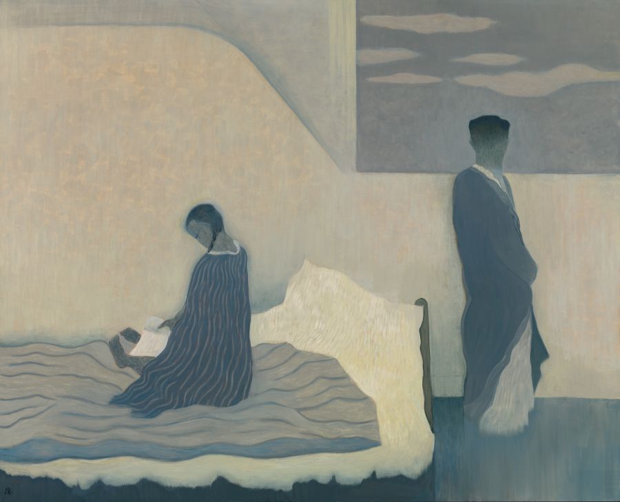 painting of two people in a bedroom, one standing and one sitting on the bed.
