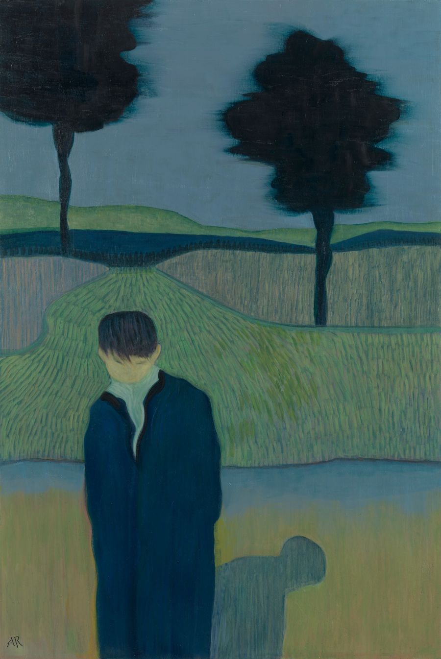painting of person blue-green landscape with two trees.