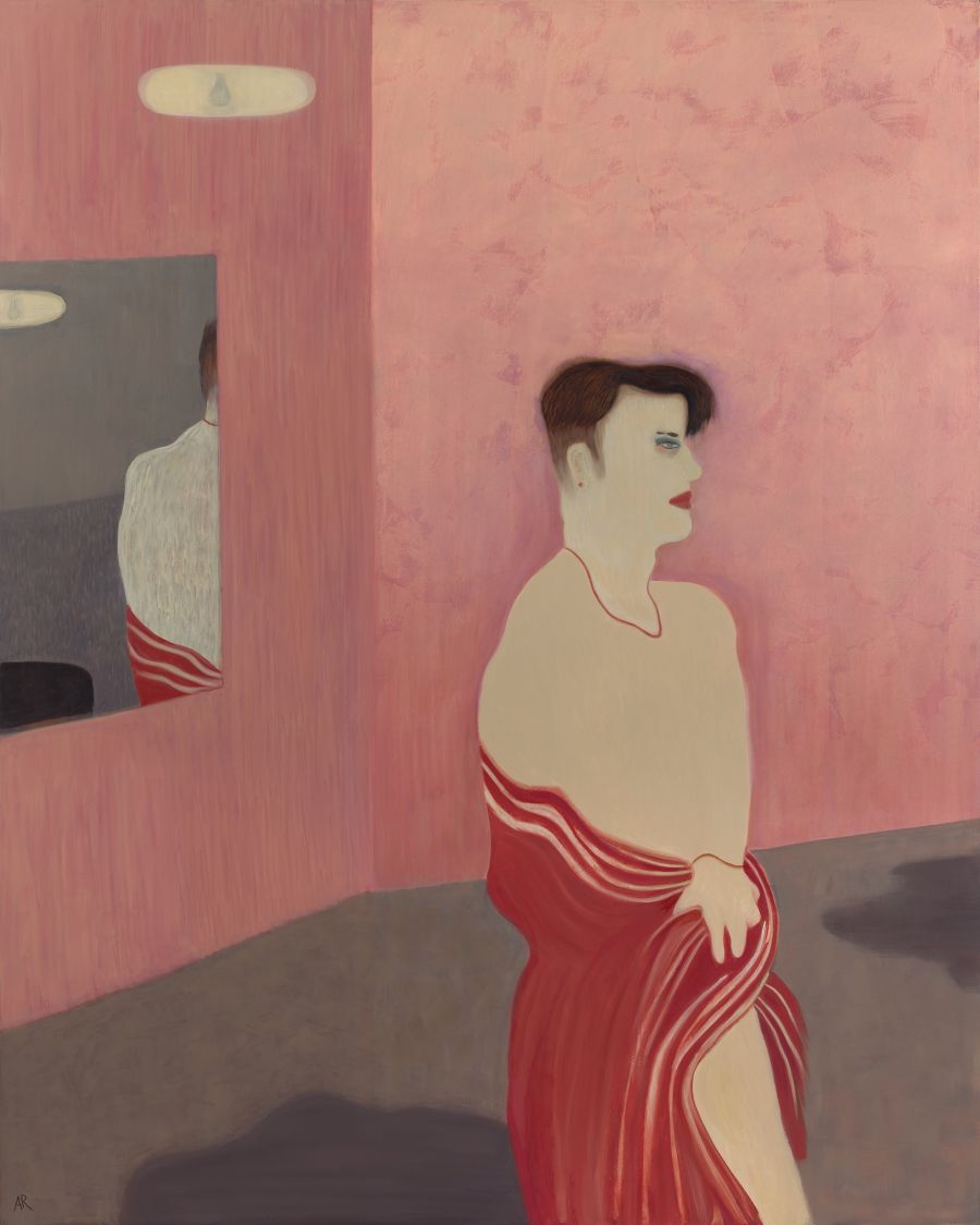 Painting of woman in red towel with mirror behind.