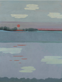 landscape with red, setting sun and clouds reflected in foreground.