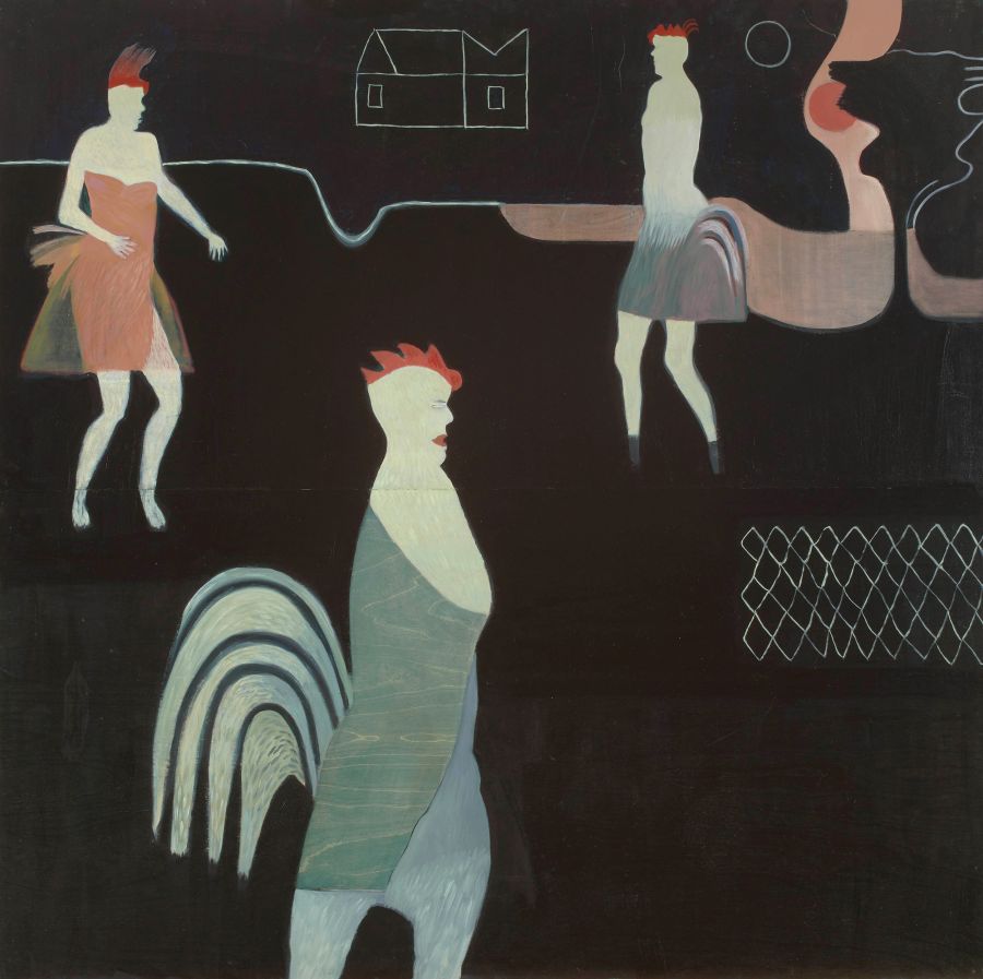 three figures on a dark background.